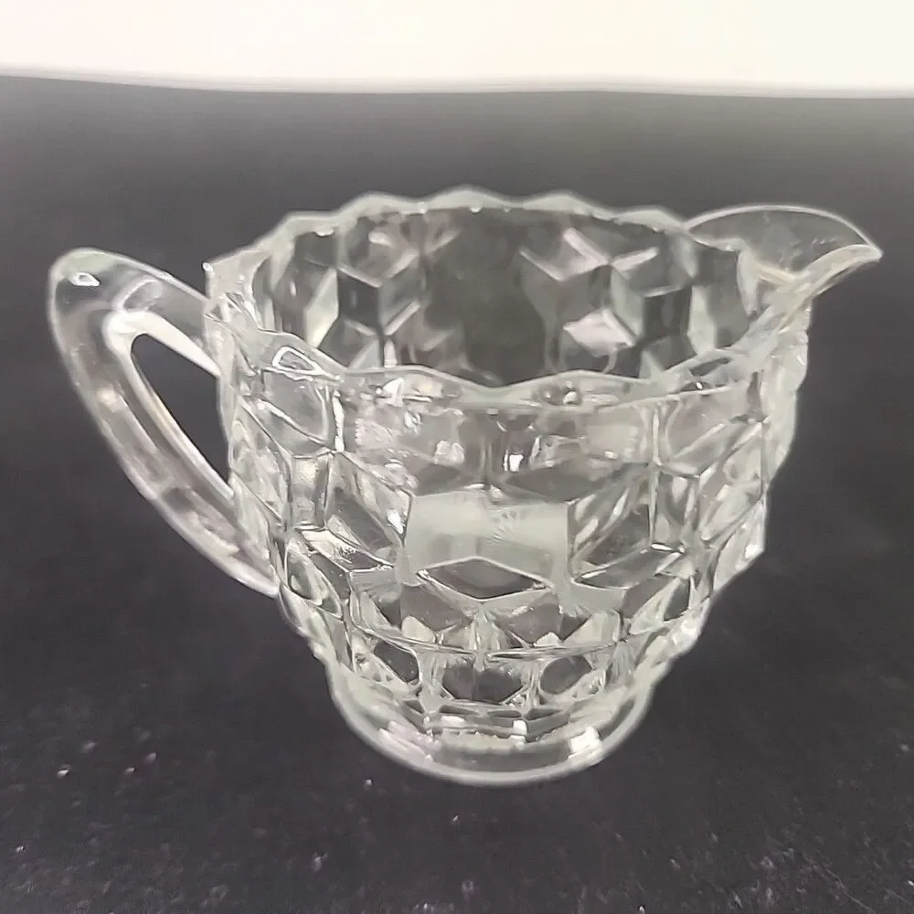 Cream & Sugar Bowl Glass Geometric Pattern Scalloped Rims Sunburst Bottoms VTG